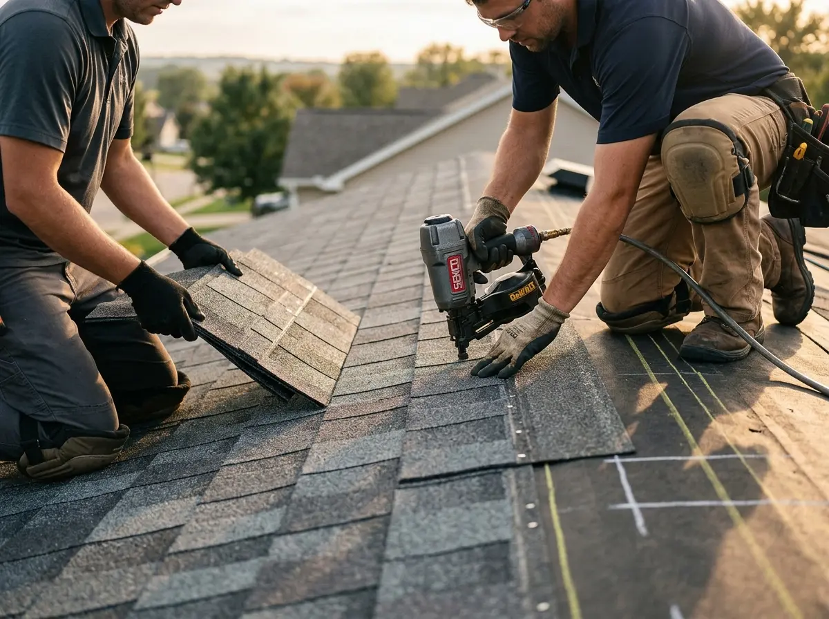 Professional roofer working on a residential roof in Spokane